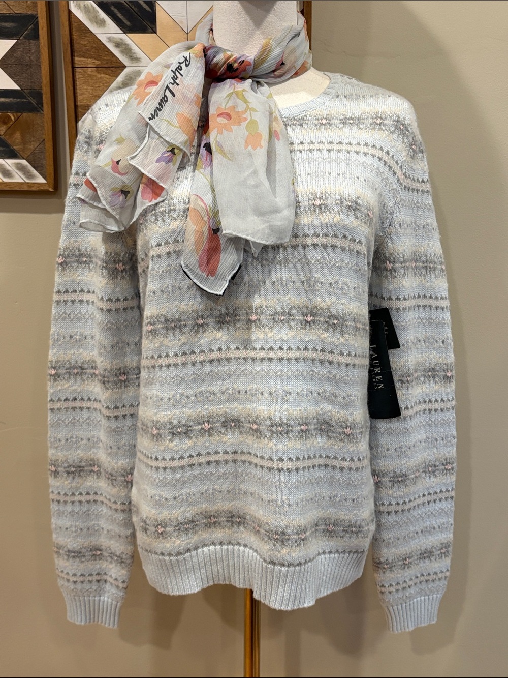 Vintage Lauren Ralph Lauren Ice Blue Chalet Fair Isle Crewneck Knit Sweater M